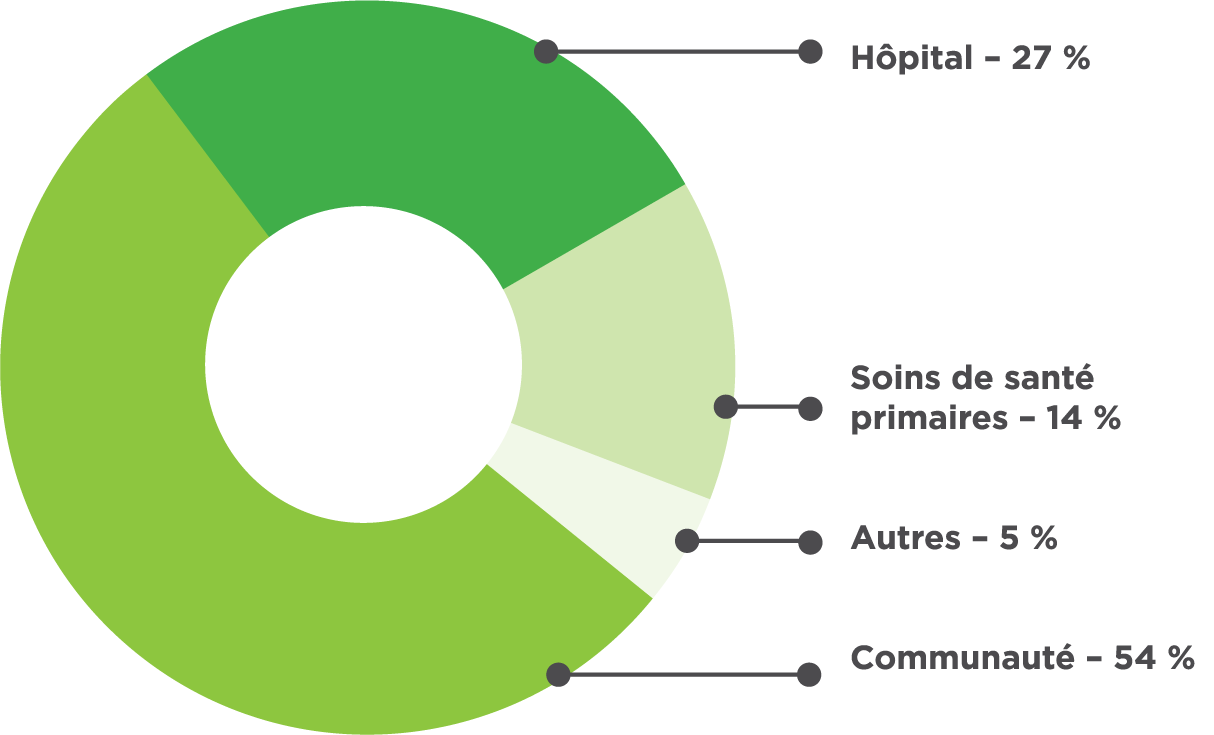 Graphique montrant les patients vus dans différents milieux Hôpital – 27 % Soins de santé primaires – 14 % Autre – 5 % Communauté – 54 %